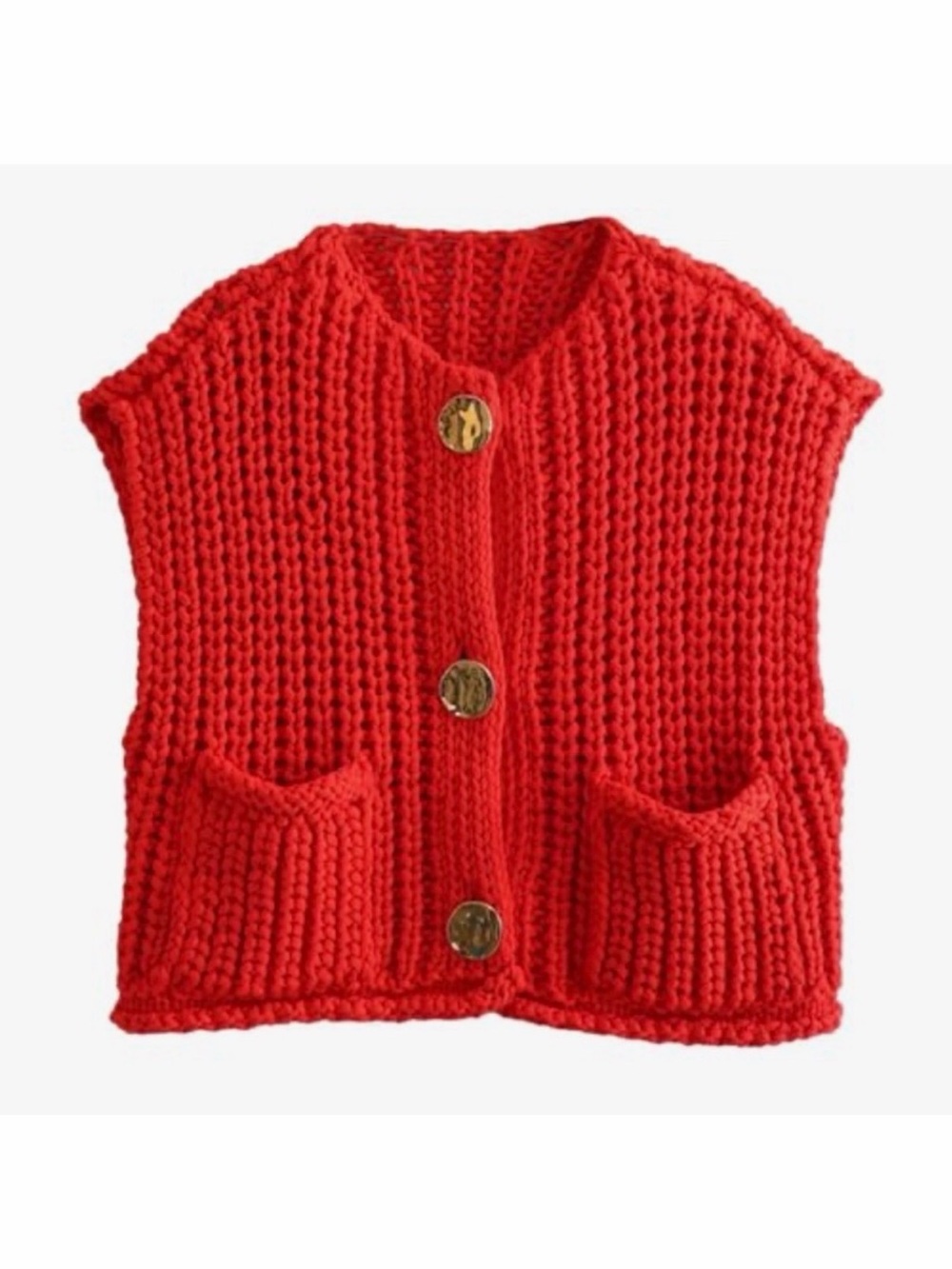 Red Sleeveless Cropped Knit Cardigan w/Gold Buttons